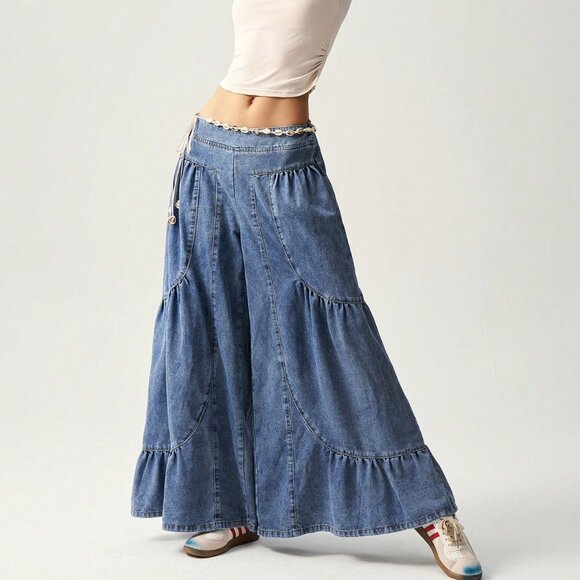 blue Casual Women's Patchwork Loose Wide Leg Jeans - Picture 7 of 8